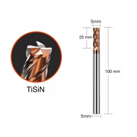 Frez palcowy VHM CNC fi 5 mm x 100 mm, HRC 55 4F do stali, żeliwa, metalu